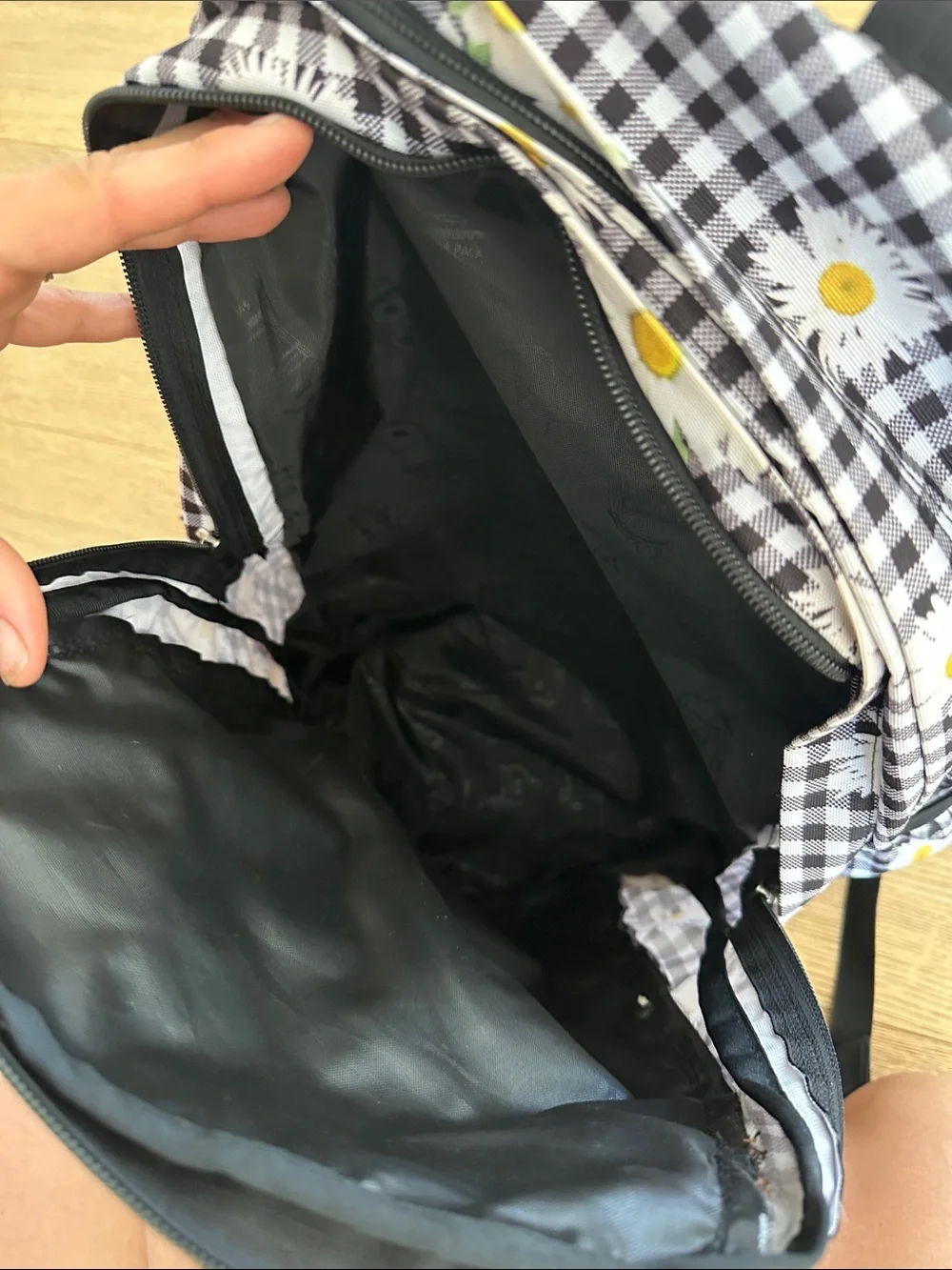 JanSport Black Gingham Daisy Print Backpack